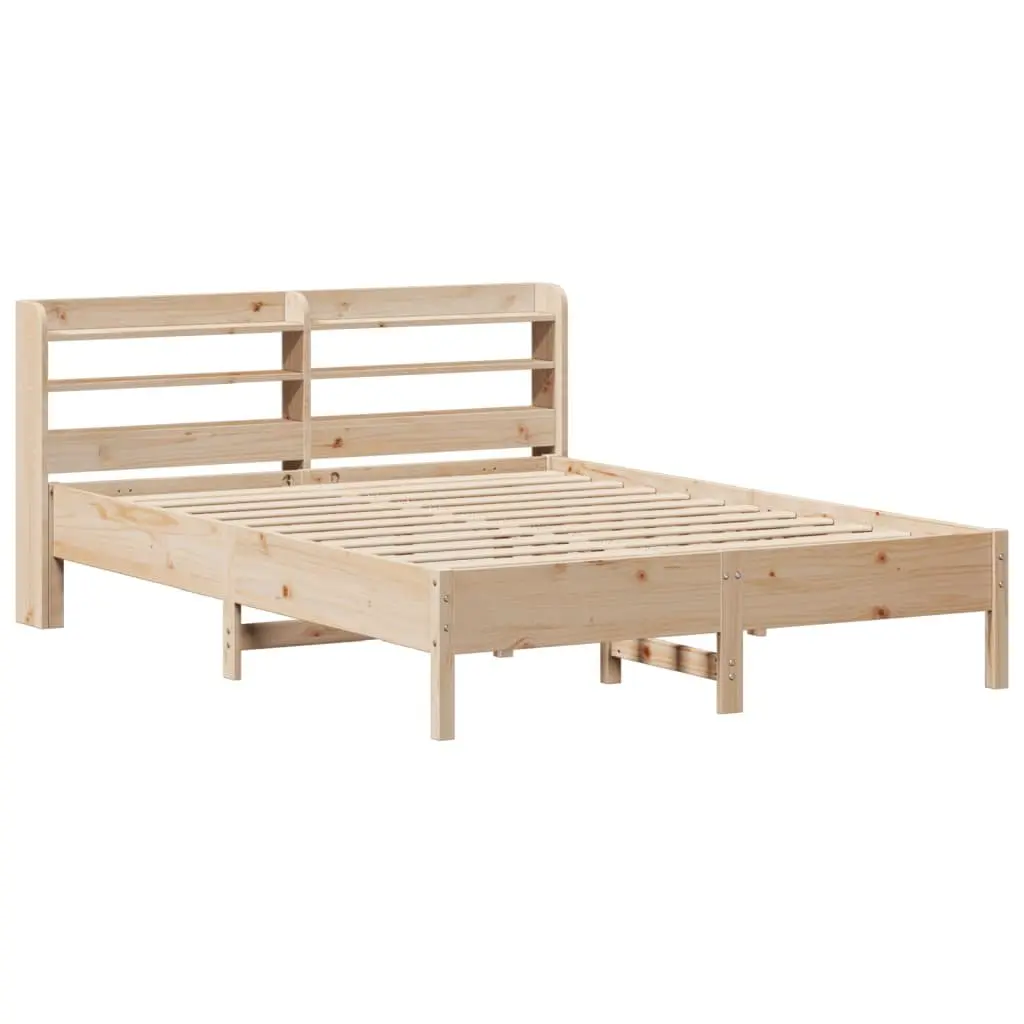 Solid Wood Bed Frame Slatted Base Headboard with Storage Shelves 135x190cm Brown