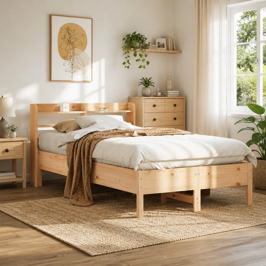 Solid Wood Pine Bed Frame Slatted Base Headboard with Storage Shelves 90x190 cm
