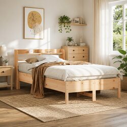 Solid Wood Pine Bed Frame 90x190 cm Slatted Base Headboard Storage Shelves