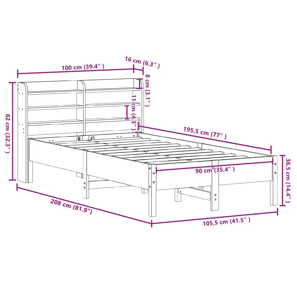 Solid Wood Pine Bed Frame Slatted Base Headboard with Storage Shelves 90x190 cm