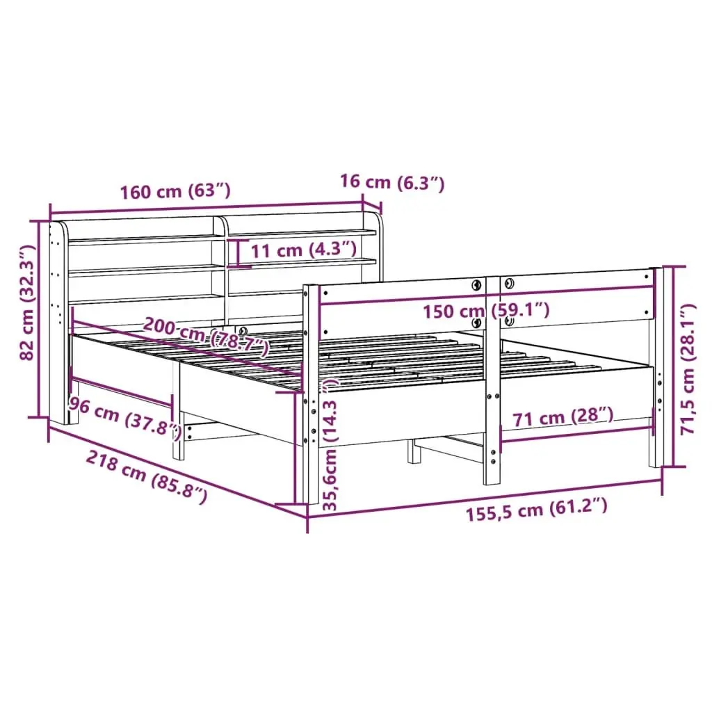 Bed Frame 150x200cm Solid Pine Wood Slatted Base Headboard Storage Shelves
