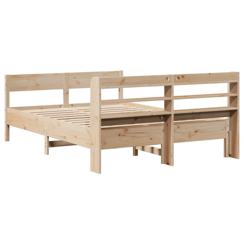 Bed Frame 150x200cm Solid Pine Wood Slatted Base Headboard Storage Shelves