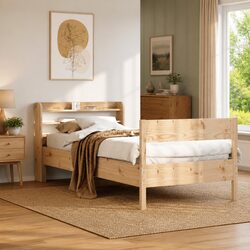 Bed Frame 90x190 cm Solid Pine Wood Slatted Base Headboard Storage Shelves