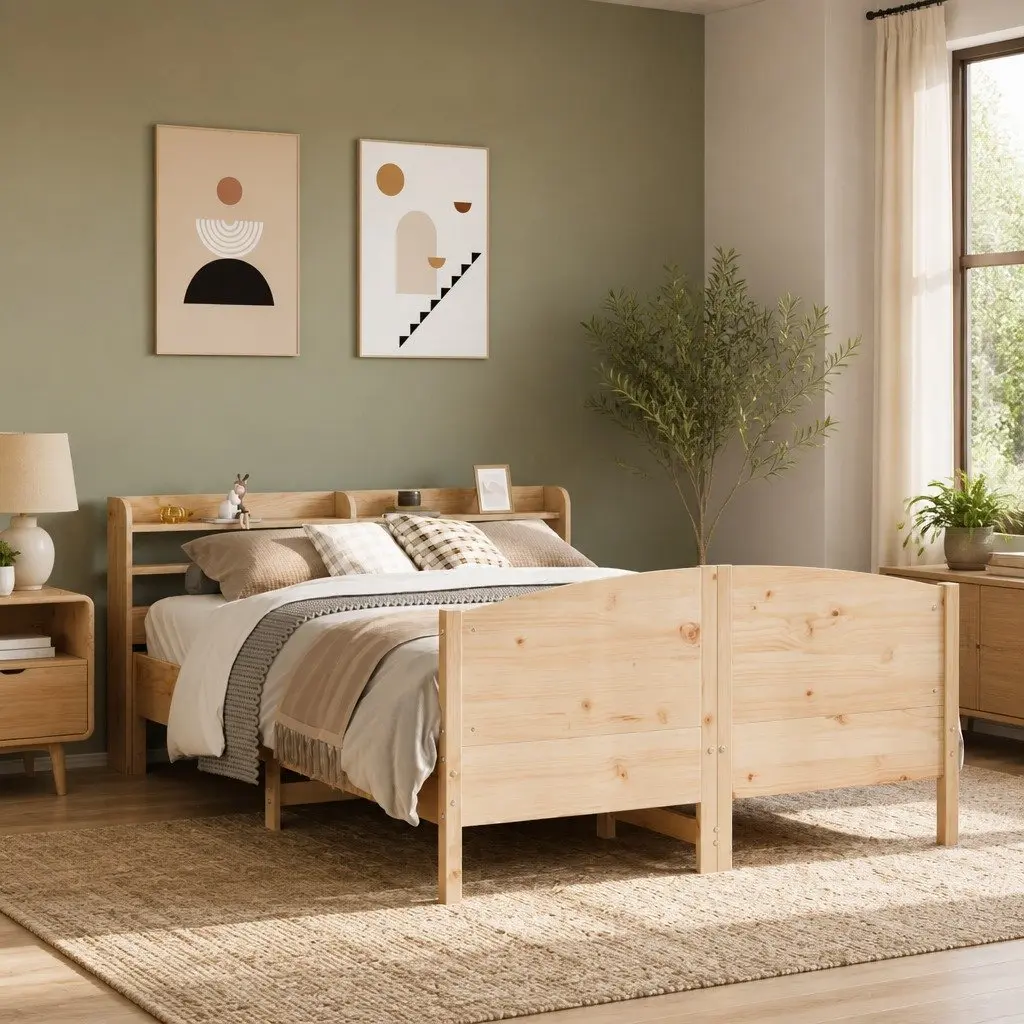 Solid Wood Pine Bed Frame 150x200 cm with Headboard Storage Shelves Slatted Base