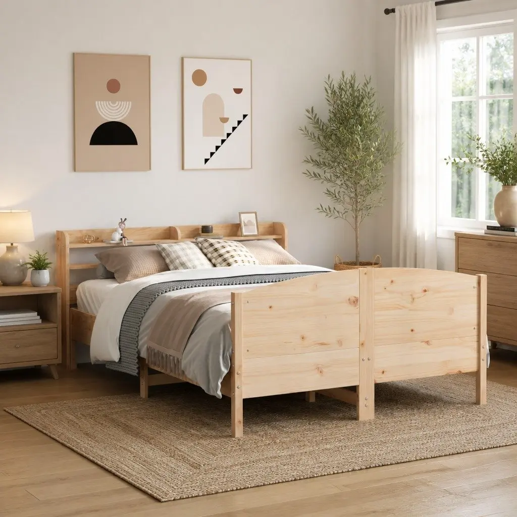 Bed Frame Solid Pine Wood 135x190 cm Slatted Base Headboard with Storage Shelves