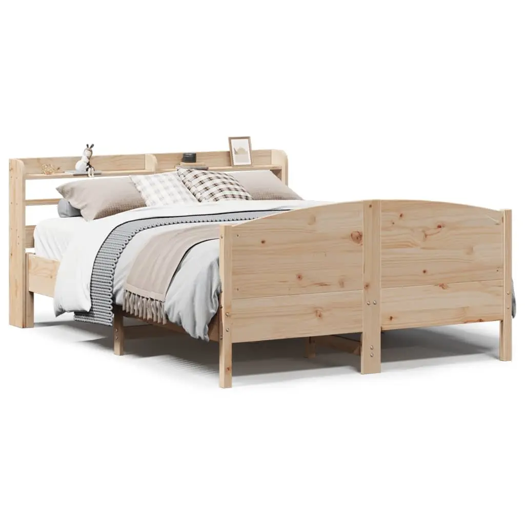 Bed Frame Solid Pine Wood 135x190 cm Slatted Base Headboard with Storage Shelves