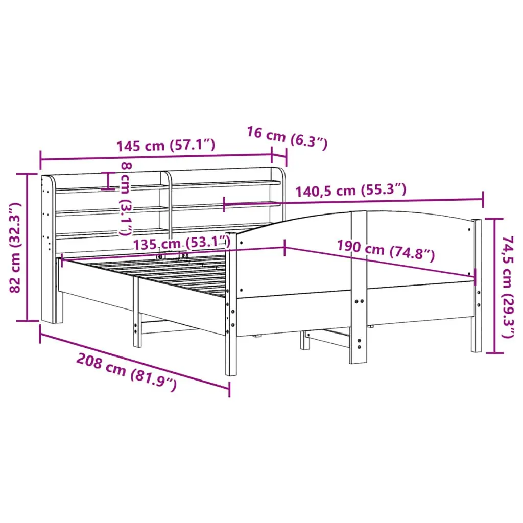 Bed Frame Solid Pine Wood 135x190 cm Slatted Base Headboard with Storage Shelves