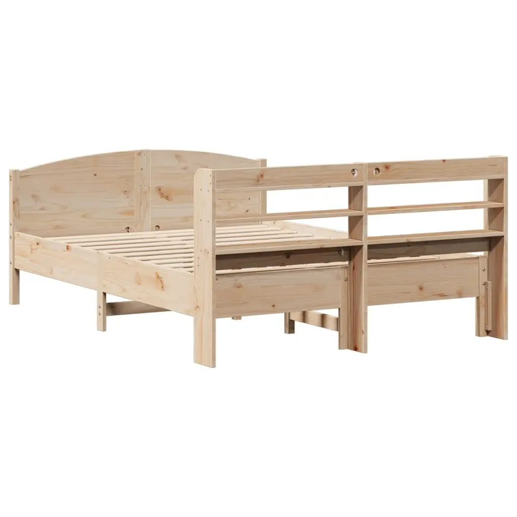 Bed Frame Solid Pine Wood 135x190 cm Slatted Base Headboard with Storage Shelves