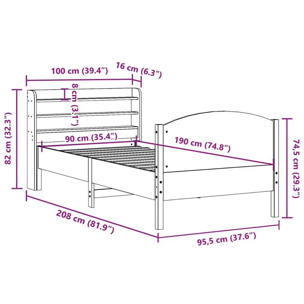 Solid Wood Pine Bed Frame 90x190 cm with Headboard Storage Shelves Brown