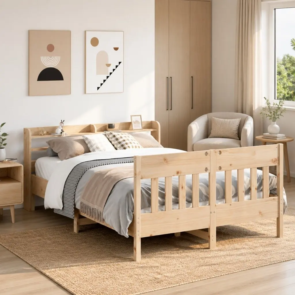 Solid Wood Pine Bed Frame with Headboard Storage Shelves 150x200 cm