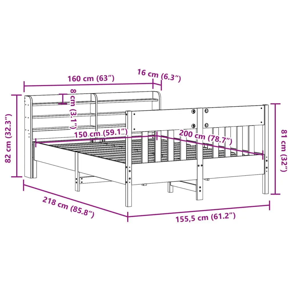 Solid Wood Pine Bed Frame with Headboard Storage Shelves 150x200 cm