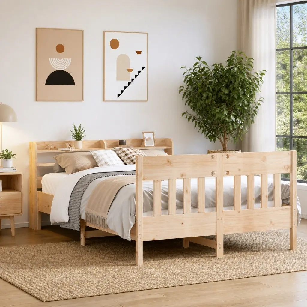Solid Wood Bed Frame with Headboard and Storage Shelves 135x190 cm