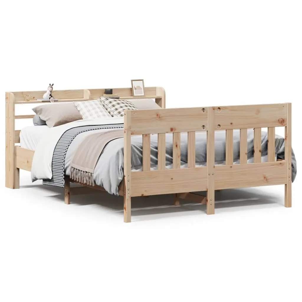 Solid Wood Bed Frame with Headboard and Storage Shelves 135x190 cm