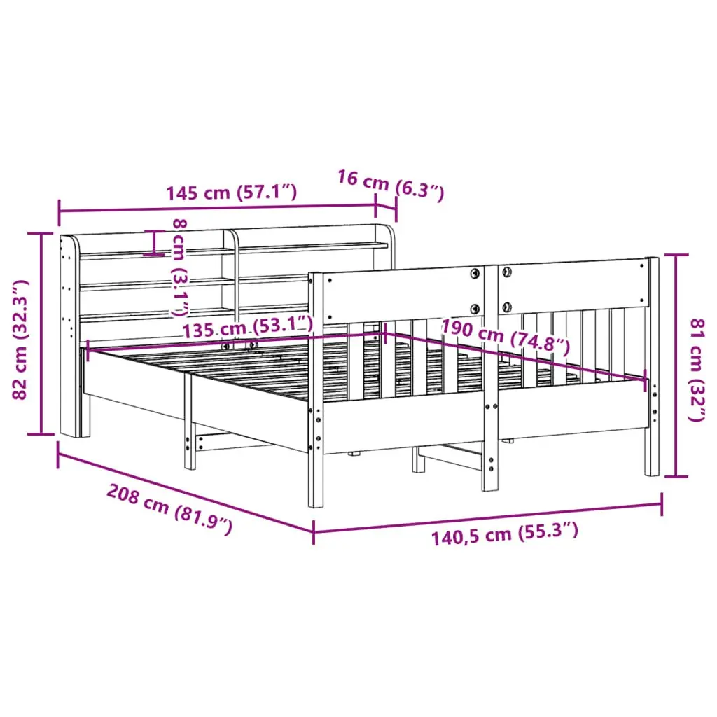 Solid Wood Bed Frame with Headboard and Storage Shelves 135x190 cm