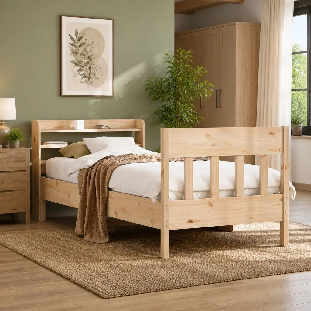 Solid Wood Pine Bed Frame with Headboard and Storage Shelves 90x190 cm