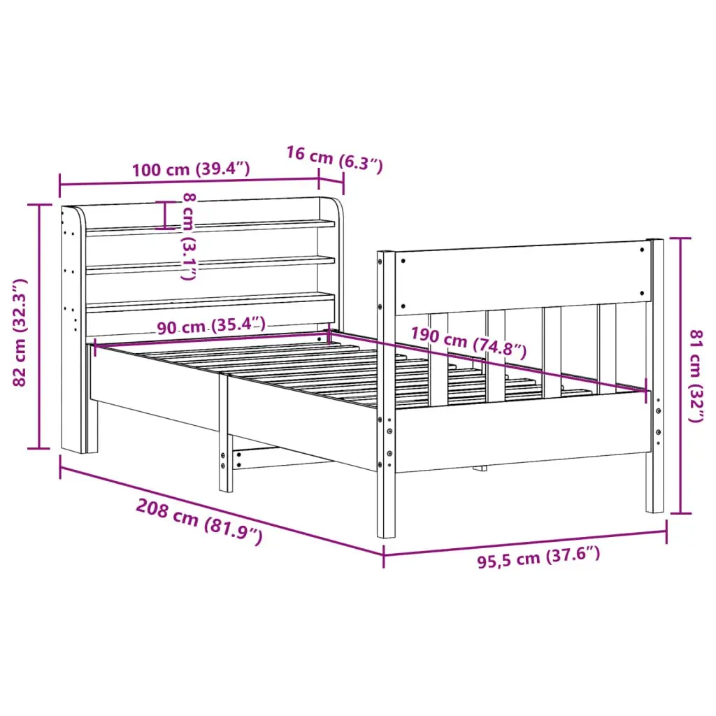 Solid Wood Pine Bed Frame with Headboard and Storage Shelves 90x190 cm