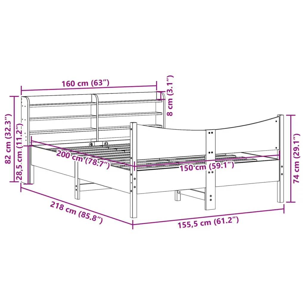 Bed Frame with Storage Headboard 150x200 cm Solid Pine Wood Slatted Base