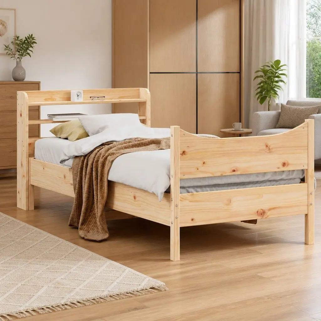 Bed Frame Solid Pine Wood with Headboard and Storage Shelves 90x200 cm