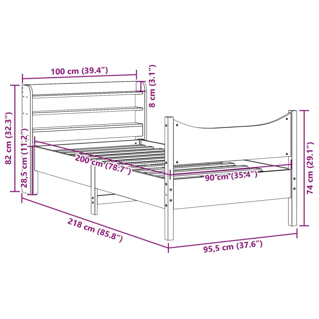 Bed Frame Solid Pine Wood with Headboard and Storage Shelves 90x200 cm