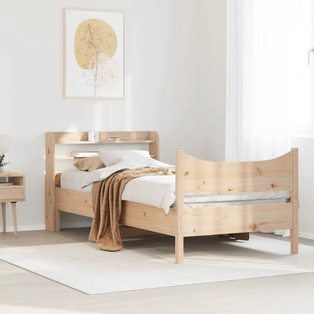 Bed Frame with Headboard Solid Pine Wood 90x190 cm Slatted Base with Storage Shelves