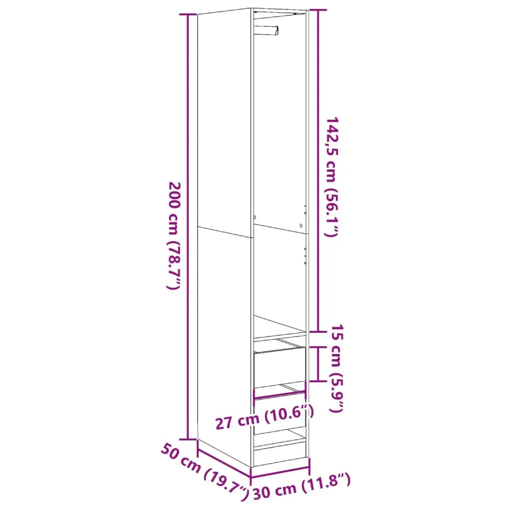 Wardrobe White Compact 30x50x200 cm Storage Cabinet with Compartment Drawers