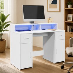 Organize Your Space with White LED Desk and Storage