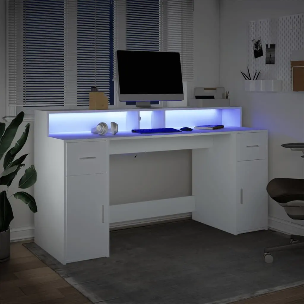 Office Desk with RGB LED Lights and Storage Drawers Engineered Wood 160L x 55W x 91H cm
