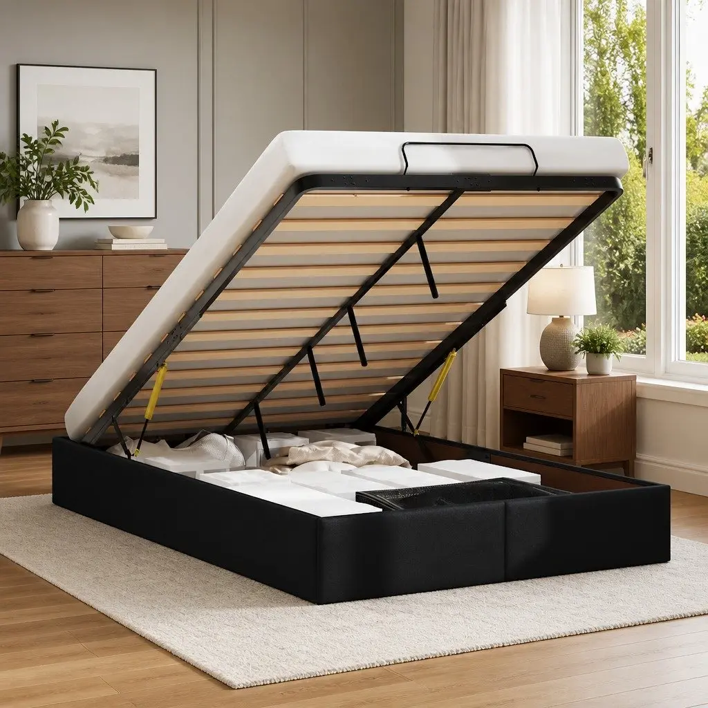 Ottoman Storage Bed Frame Black Faux Leather King Single Hydraulic Lift Mechanism