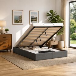Ottoman Storage Bed Frame Double Grey Fabric Lift Mechanism Bedroom Furniture