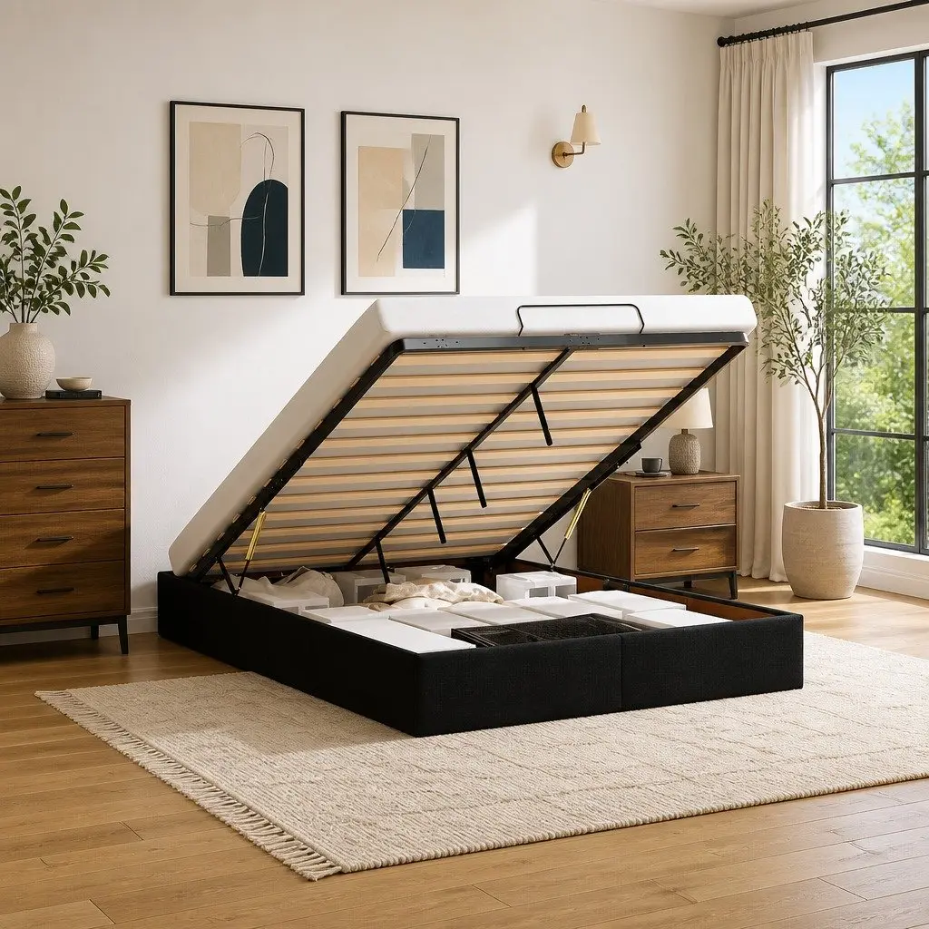 Ottoman Storage Bed Frame Double Black Fabric Hydraulic Lift-Up Mechanism