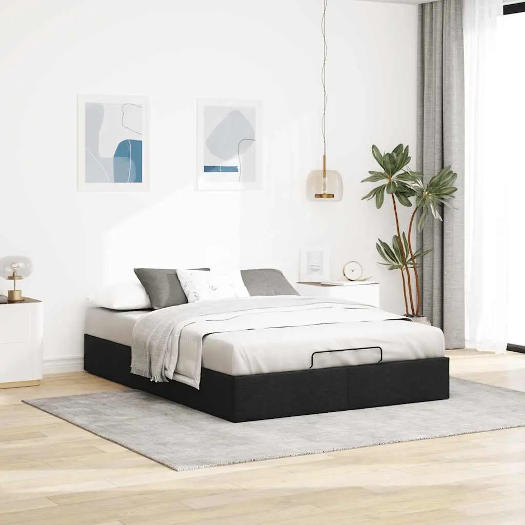 Ottoman Storage Bed Frame Double Black Fabric Hydraulic Lift-Up Mechanism