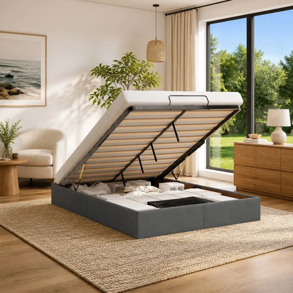 Queen Ottoman Storage Bed Frame Grey Fabric Lift-Up Base