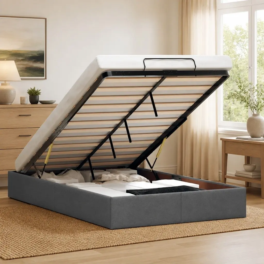 Ottoman Storage Bed Frame Grey Fabric King Single Lift Mechanism Under Bed