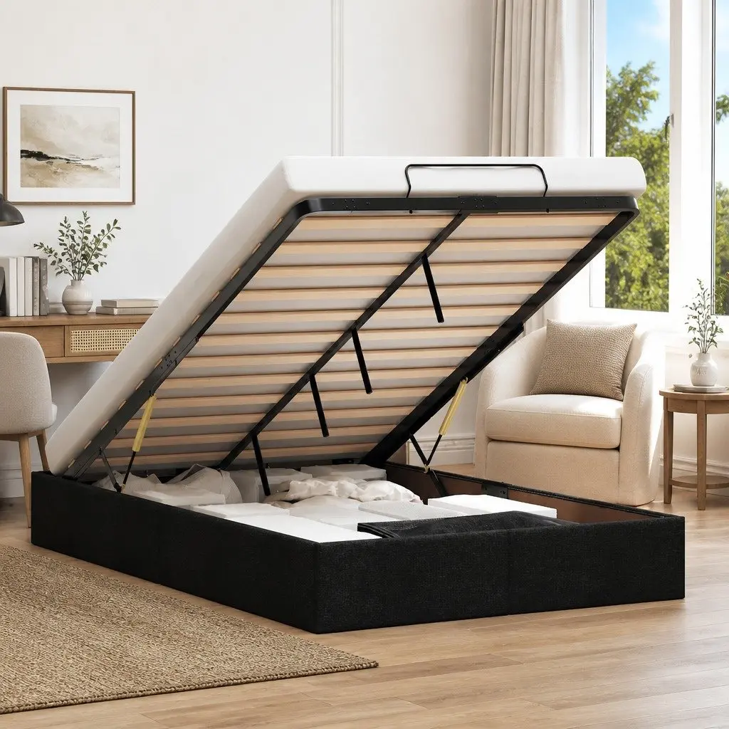 King Single Ottoman Storage Bed Frame Fabric Lift-Up Base