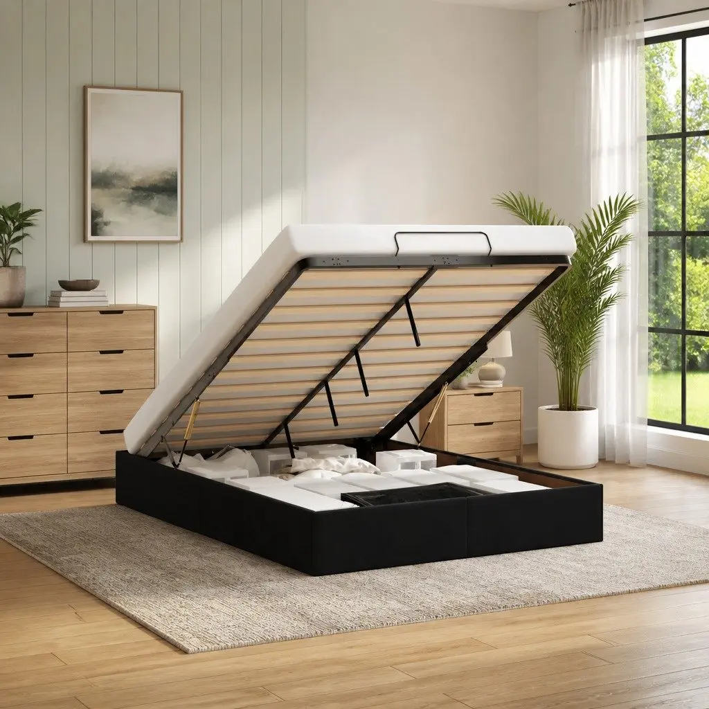 Ottoman Storage Bed Frame Double Black Velvet Gas Lift Up No Mattress Bedroom