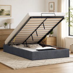King Single Ottoman Storage Bed Frame Velvet Grey Lift Up Base No Mattress