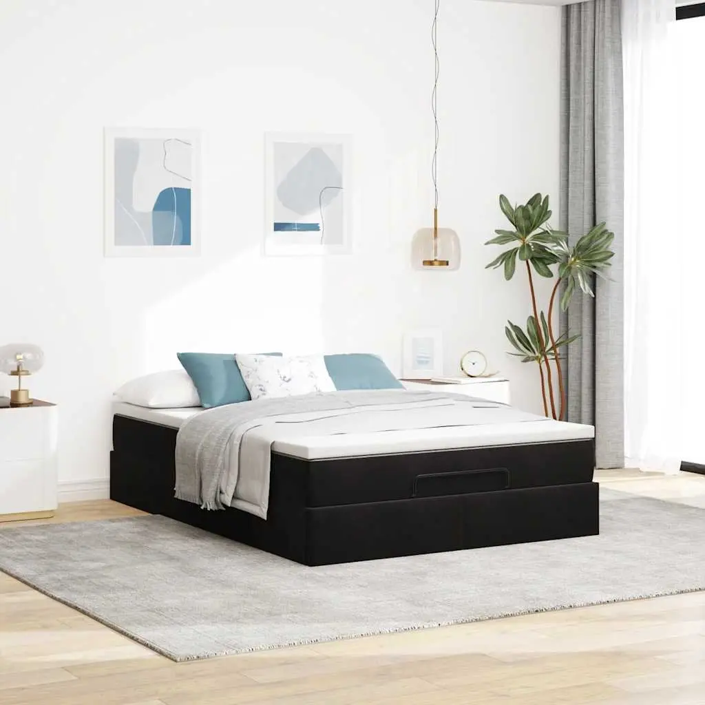 Ottoman Bed Double Black Velvet with Pocket Spring Mattress and Hydraulic Lift Storage