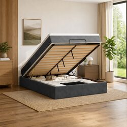 Ottoman Bed Queen Size with Pocket Spring Mattress Grey Velvet Storage Lift