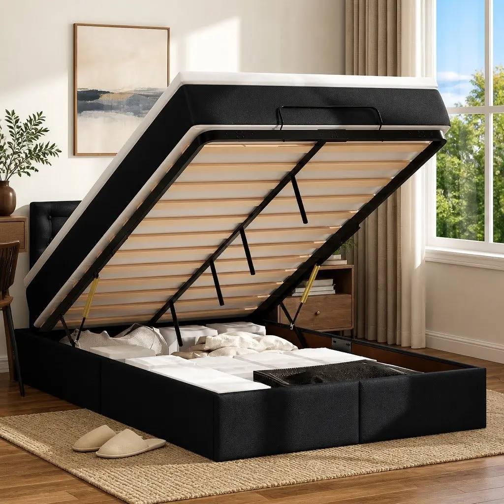 Ottoman Bed Black Faux Leather King Single with Hydraulic Lift Storage and Pocket Spring Mattress