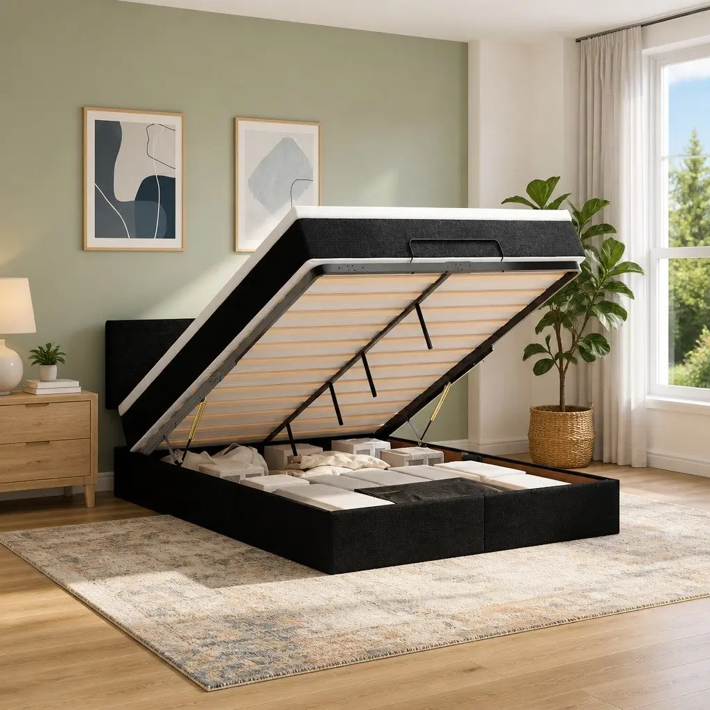 Ottoman Bed Double Black Upholstered Frame with Mattress and Hydraulic Lift Storage