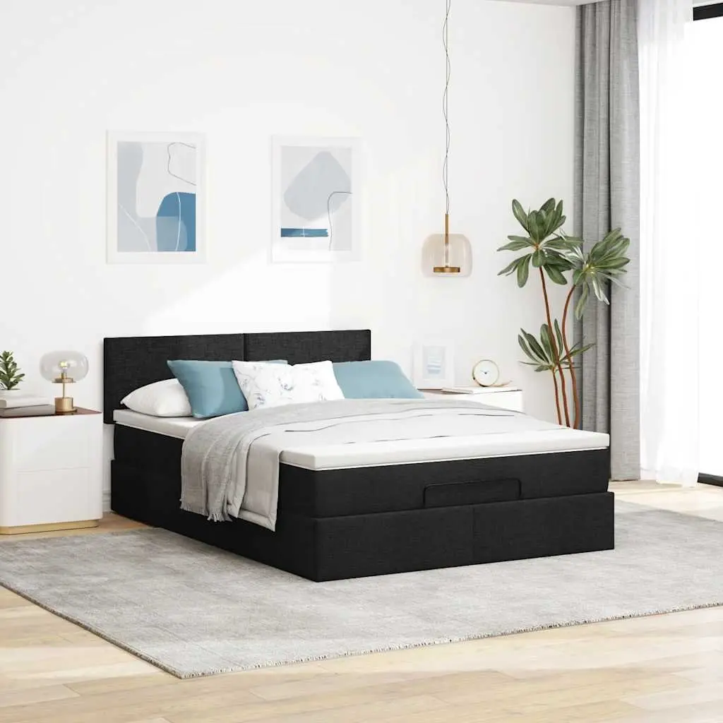 Ottoman Bed Double Black Upholstered Frame with Mattress and Hydraulic Lift Storage