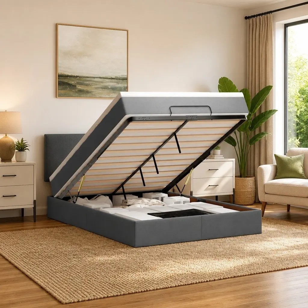 Queen Ottoman Bed with Grey Fabric Upholstery and Pocket Spring Mattress Featuring Hydraulic Lift Storage