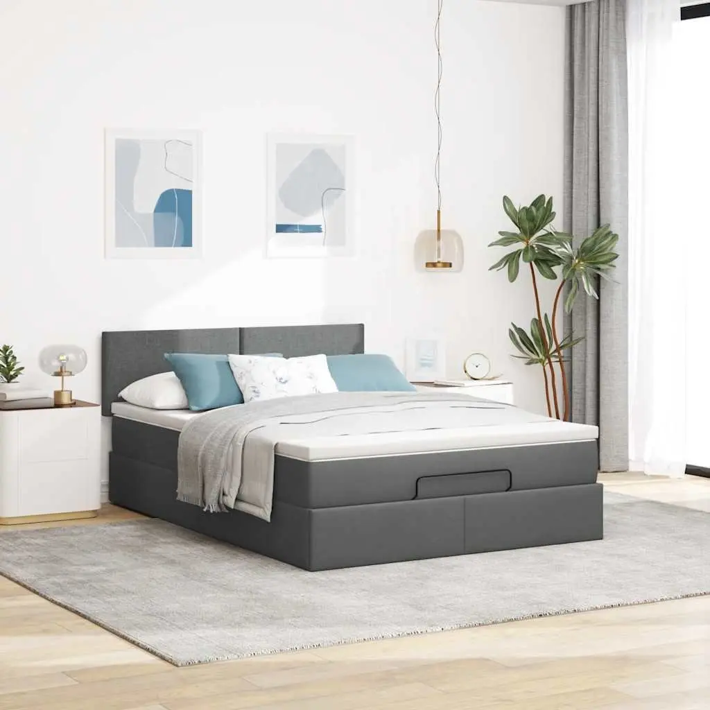 Queen Ottoman Bed with Grey Fabric Upholstery and Pocket Spring Mattress Featuring Hydraulic Lift Storage