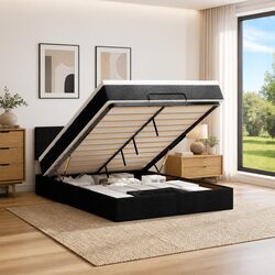 Double Ottoman Bed with Pocket Spring Mattress Black Fabric Storage Lift Base