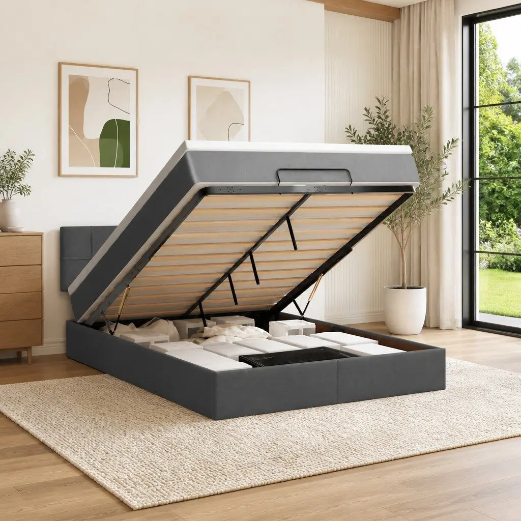 Ottoman Bed Queen Size with Pocket Spring Mattress Storage Grey Fabric Lift