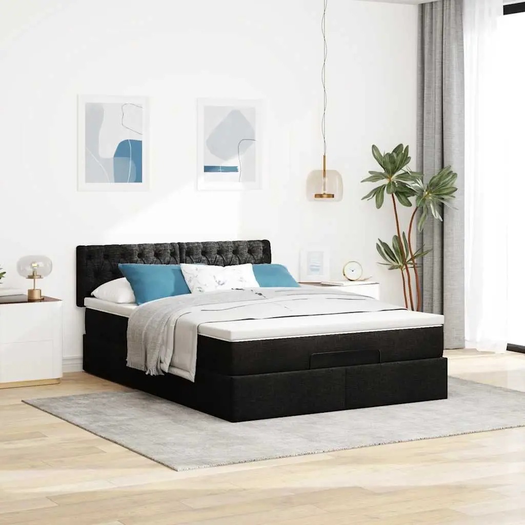Double Ottoman Bed Black Fabric with Pocket Spring Mattress Storage Lift Base