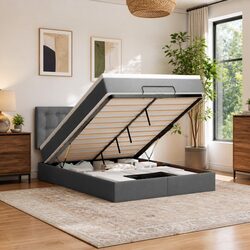Ottoman Bed Queen with Pocket Spring Mattress Grey Fabric Storage Lift Base