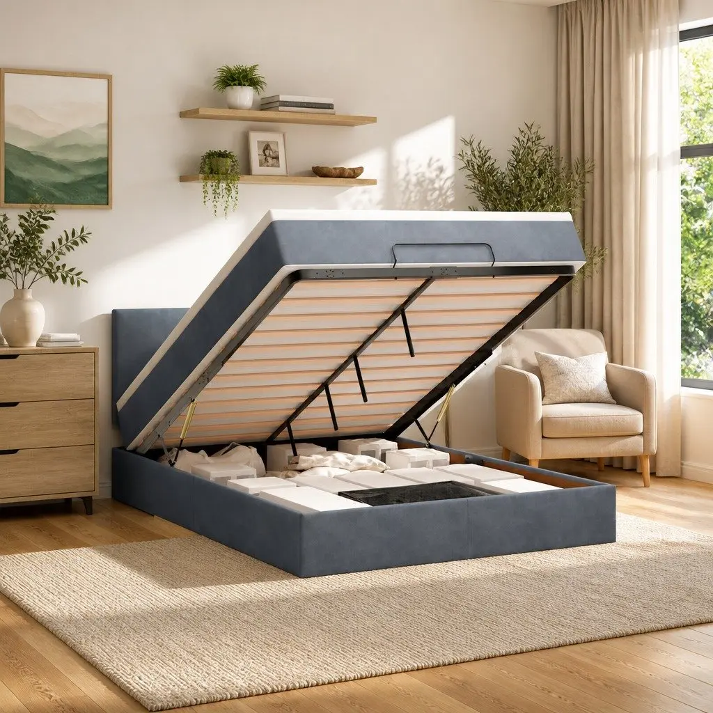 Double Ottoman Bed Grey Velvet with Pocket Spring Mattress and Hydraulic Lift Storage Base