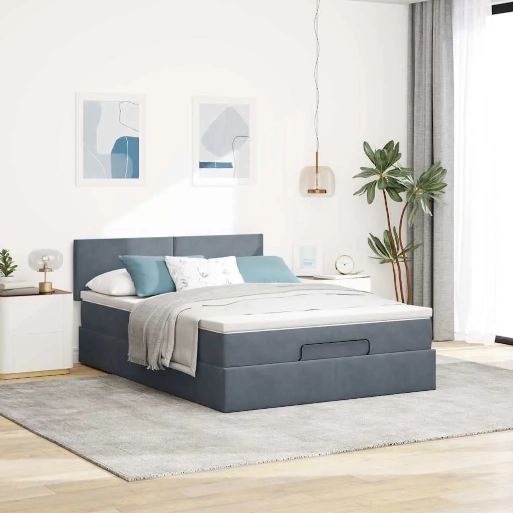 Double Ottoman Bed Grey Velvet with Pocket Spring Mattress and Hydraulic Lift Storage Base