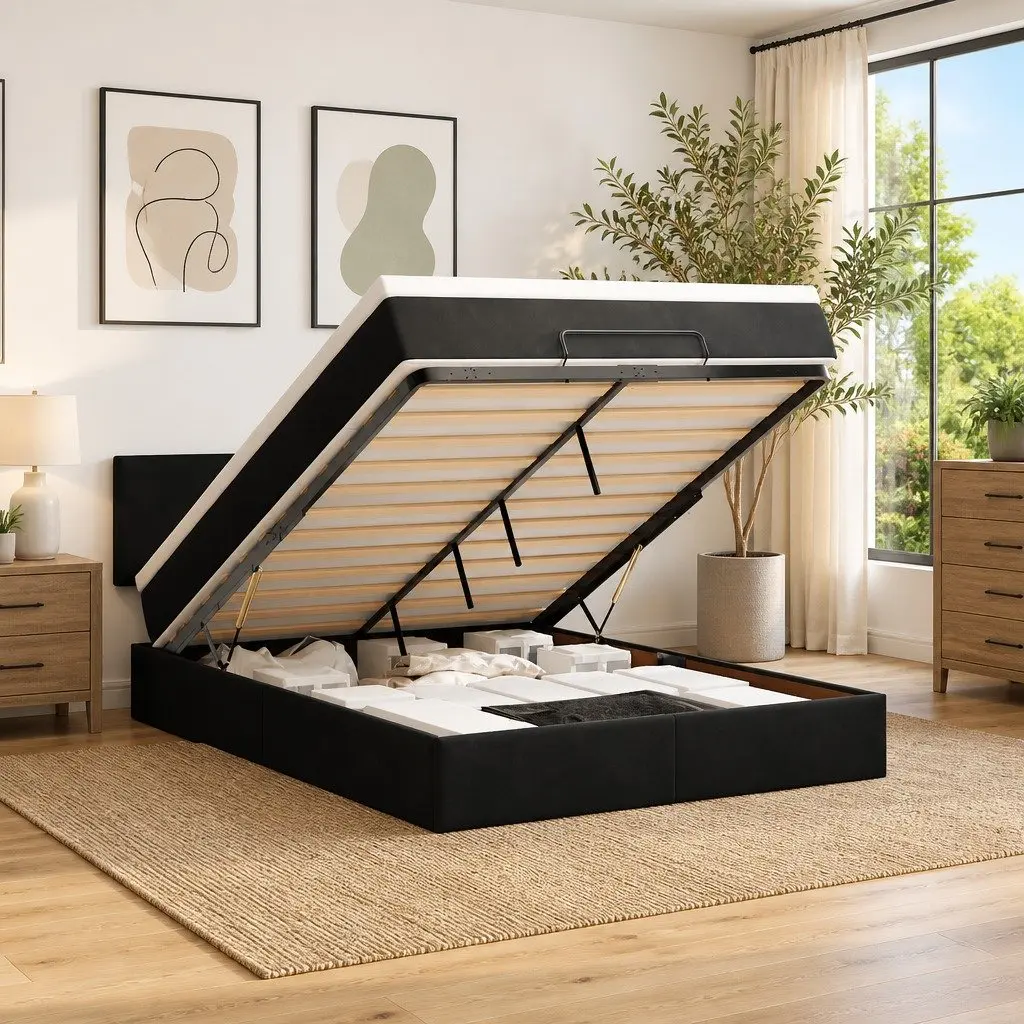 Ottoman Bed with Pocket Spring Mattress Double Black Velvet Storage Lift Frame
